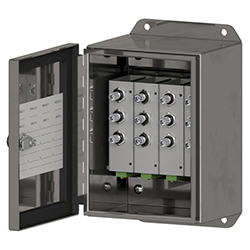 A render of a CTC MMX2000 stainless steel modular switch box shown with cover unlatched.